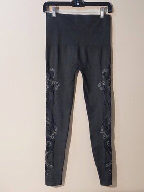 M. Rena Charcoal Leggings w/brown&beige flocked baroque floral pattern O/S